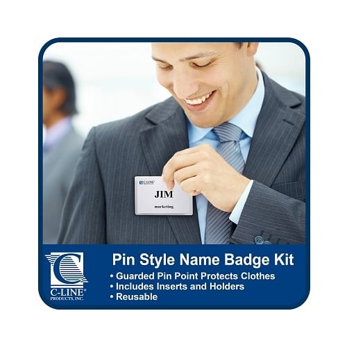C-Line 3-1/2" x 2-1/4" Top Load Pin Style Name Badge Holder Kits 100pk - CLI-94223