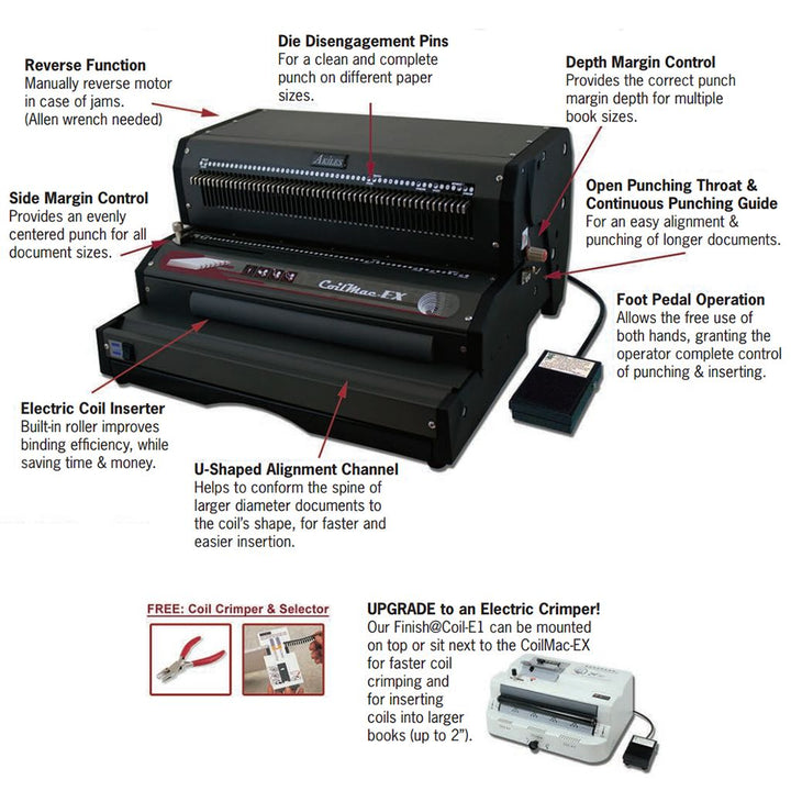 Akiles CoilMac-EX Plus 4:1 Oval Hole Electric Coil Binding Machine w/ Electric Inserter