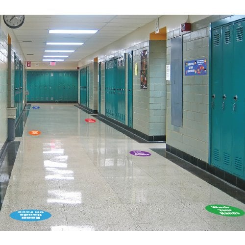 "Keep a Safe Distance" Blue 11" Round Non-Slip Floor Stickers - 5pk