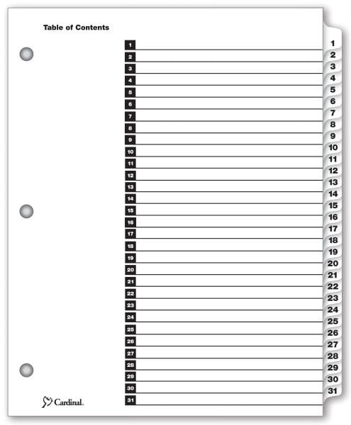 Cardinal White Printable Table of Contents/1-31 Tab Divider (72 Sets) - CRD-60113CB