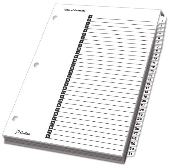 Cardinal White Printable Table of Contents/1-31 Tab Divider (72 Sets) - CRD-60113CB