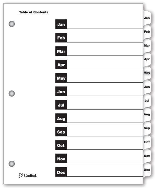 Cardinal White Printable Table of Contents/Month Tab Divider (144 Sets) - CRD-60313