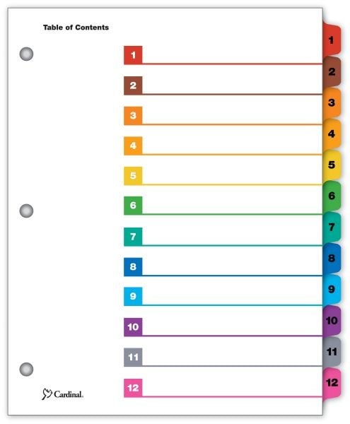 Cardinal Multi-Color Printable Table of Contents/12 Tab Divider (144 Sets) - CRD-61218