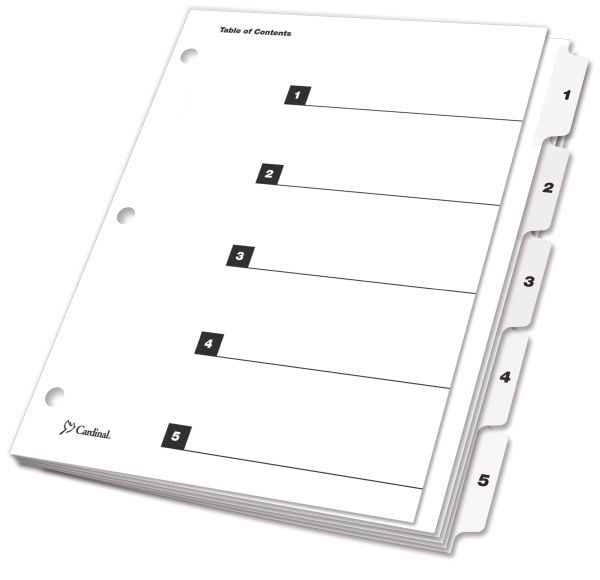 Cardinal White Extra Wide Table of Contents/5 Tab Divider - 24pk