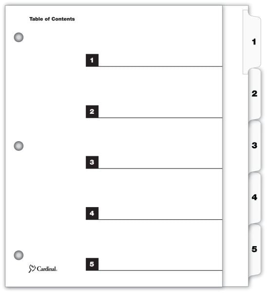 Cardinal White Extra Wide Table of Contents/5 Tab Divider - 24pk