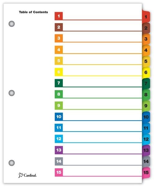 Cardinal Multi-Color Printable Table of Contents/15 Tab Divider (144 Sets) - CRD-61518