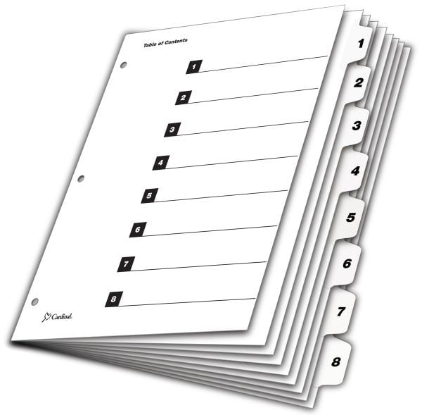 Cardinal White Extra Wide Table of Contents/8 Tab Divider - 12pk