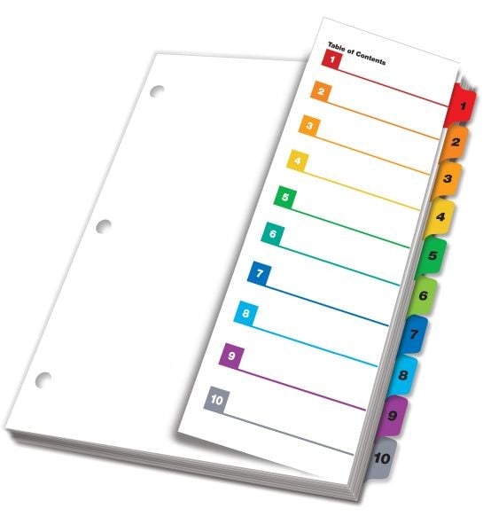 Cardinal Multi-Color Fold-Out Table of Contents/10 Tab Divider - 24pk