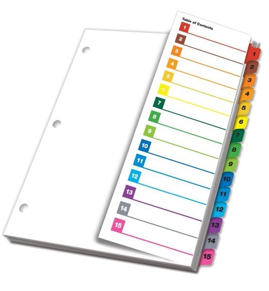 Cardinal Multi-Color Fold-Out Table of Contents/15 Tab Divider - 24pk