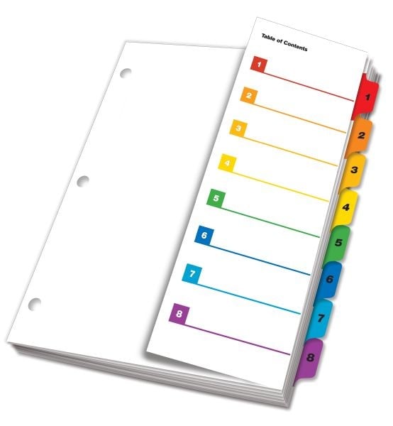 Cardinal Multicolor Fold-Out Table of Contents/8 Tab Divider - 24pk