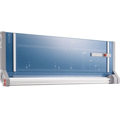 Close‑up of imprinted measurement guides and alignment marks on Dahle Model 556 Professional 37‑1/2 Inch Rolling Trimmer Gen 3