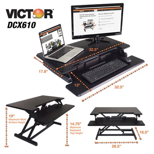 Victor High Rise Height Adjustable Compact Standing Desk with Keyboard Tray - DCX610