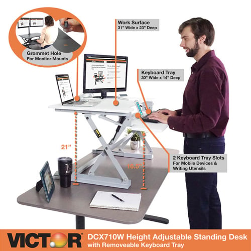 Victor High Rise Height Adjustable Standing Desk with Keyboard Tray (White) - DCX710W