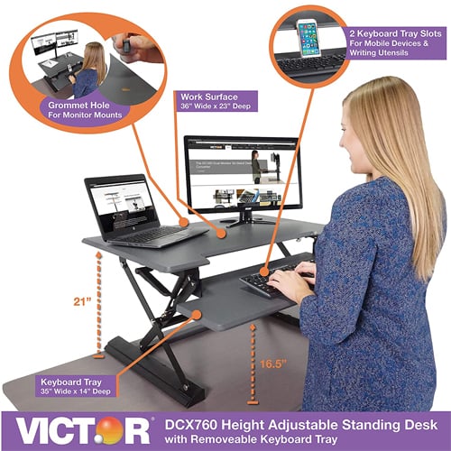 Victor High Rise Height Adjustable Standing Desk with Keyboard Tray (Gray) - DCX760G