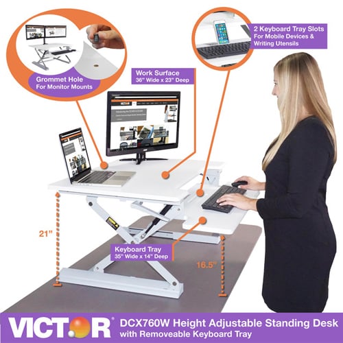 Victor High Rise Height Adjustable Standing Desk with Keyboard Tray (White) - DCX760W