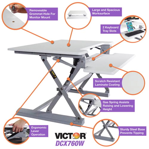 Victor High Rise Height Adjustable Standing Desk with Keyboard Tray (White) - DCX760W