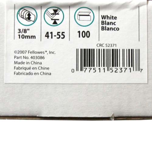 Fellowes Premium 3/8" White Plastic Binding Combs 100pk - 52371
