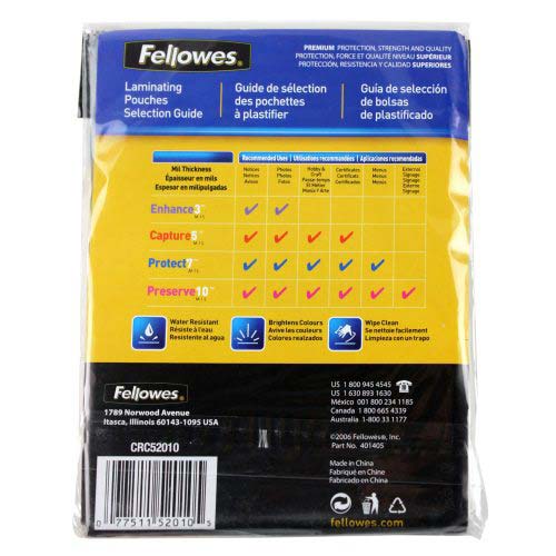 Fellowes Premium 4" x 6" Photo Laminating Pouches