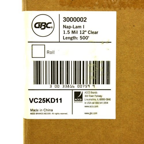 12" x 500' 1.5mil GBC NAP-LAM I Laminating Film (Gloss, 1" Core) - 1 Roll - 3000002