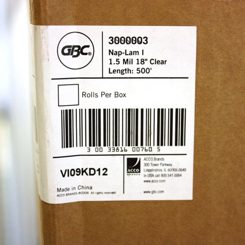 18" x 500' 1.5mil GBC NAP-LAM I Laminating Film (Gloss, 1" Core) - 1 Roll - 3000003
