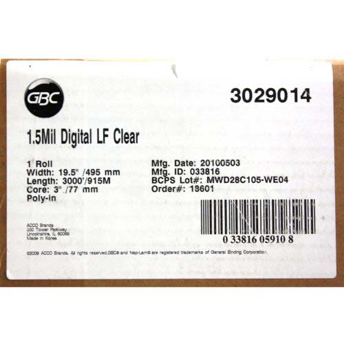 GBC 1.5 Mil Digital Lay Flat 19.5" x 3000' Clear - 3029014