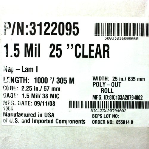 GBC 1.5 Mil NAP-LAM I 25" x 1000' 2.25" C 3122095