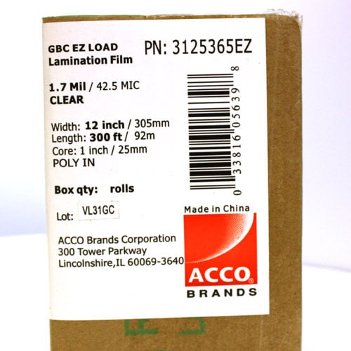 12" x 300' 1.7mil GBC Ultima 35 EZload Laminating Film (Gloss, 1" Core) - 2 Rolls - 3125365EZ
