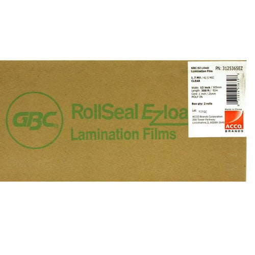12" x 300' 1.7mil GBC Ultima 35 EZload Laminating Film (Gloss, 1" Core) - 2 Rolls - 3125365EZ