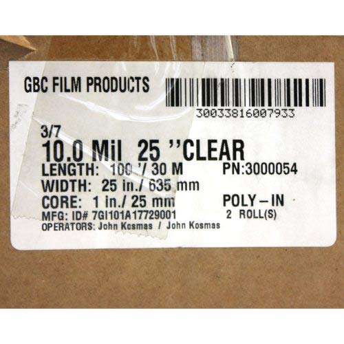 25" x 100' 10mil GBC Clear Nap-Lam II Laminating Film (Gloss, 1" Core) - 1 Roll- 3000054