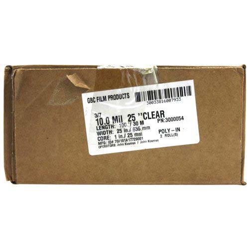 25" x 100' 10mil GBC Clear Nap-Lam II Laminating Film (Gloss, 1" Core) - 1 Roll- 3000054