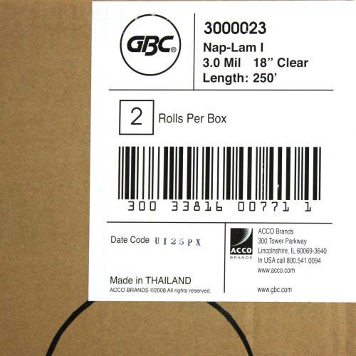 GBC 3.0 Mil Clear NAP-LAM I 18" x 250' - 3000023
