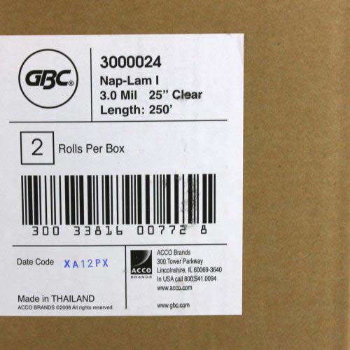 25" x 250' 3mil GBC NAP-LAM I Laminating Film (Gloss, 1" Core) - 1 Roll - 3000024