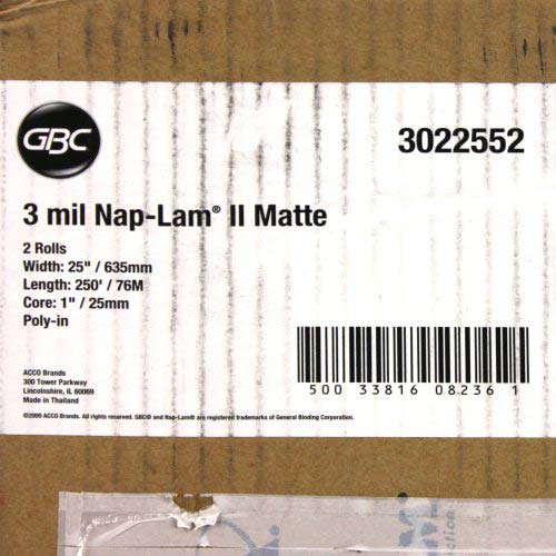 25" x 250' 3mil GBC NAP-LAM II Laminating Film (Matte, 1" Core) - 1 Roll - 3022552