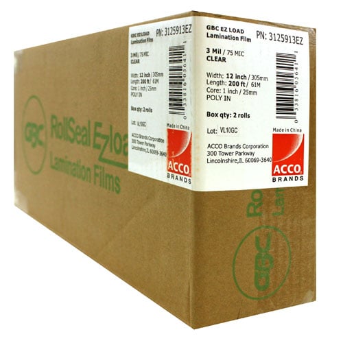 12" x 200' 3mil GBC Ultima 35 EZload Laminating Film (Gloss, 1" Core) - 2 Rolls - 3125913EZ