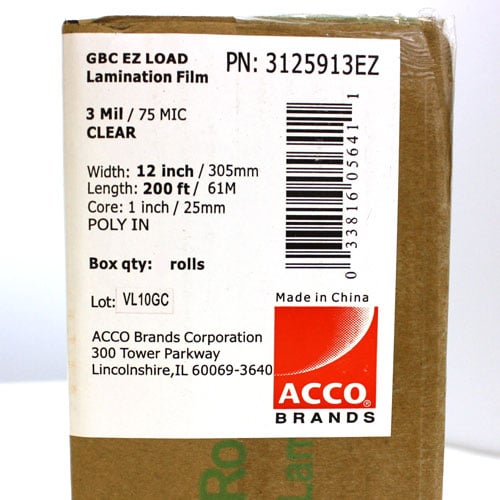 12" x 200' 3mil GBC Ultima 35 EZload Laminating Film (Gloss, 1" Core) - 2 Rolls - 3125913EZ