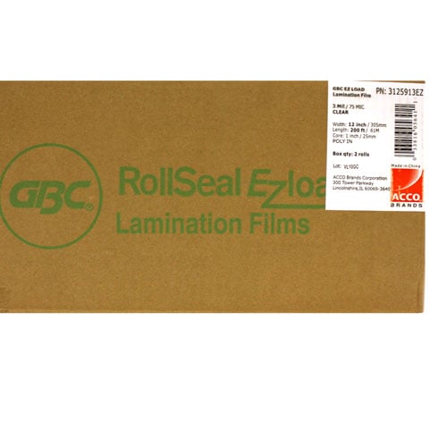 12" x 200' 3mil GBC Ultima 35 EZload Laminating Film (Gloss, 1" Core) - 2 Rolls - 3125913EZ