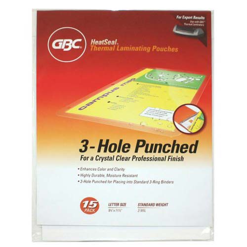 GBC HeatSeal 3-Hole Punched Crystal Clear Letter Sized Laminating Pouches - 15pk