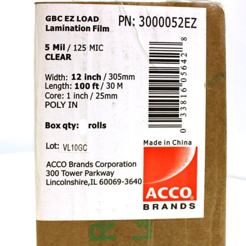 12" x 100' 5mil GBC Ultima 35 EZload Laminating Film (Gloss, 1" Core) - 2 Rolls - 3000052EZ