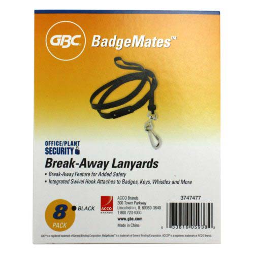 GBC Badgemates Black Breakaway Lanyards with Swivel Hook- 8pk