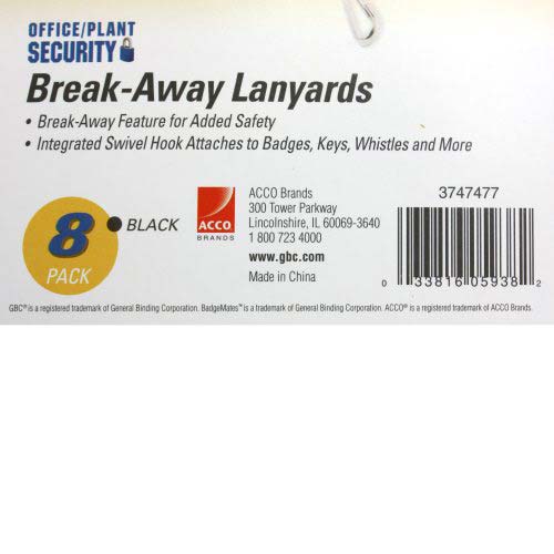 GBC Badgemates Black Breakaway Lanyards with Swivel Hook- 8pk
