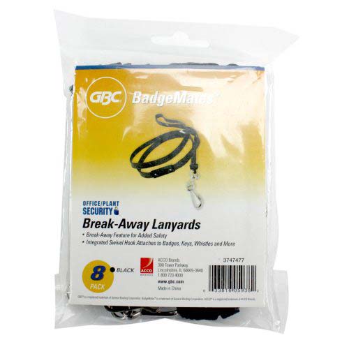 GBC Badgemates Black Breakaway Lanyards with Swivel Hook- 8pk
