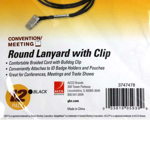 GBC Badgemates Black Round Lanyard With Bulldog Clip - 3747478 - Clearance Sale