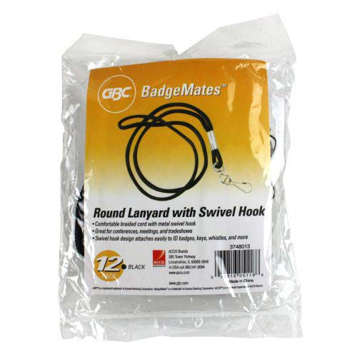 GBC Badgemates Black Round Lanyard With Swivel Hook 12pk - 3748013