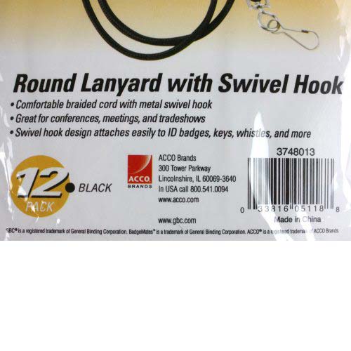 GBC Badgemates Black Round Lanyard With Swivel Hook 12pk - 3748013