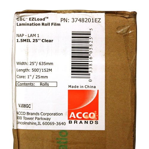 25" X 500' 1.5mil GBC Pinnacle Ezload Nap-Lam I Laminating Film (Gloss, 1" Core) - 2 Rolls - 3748201EZ