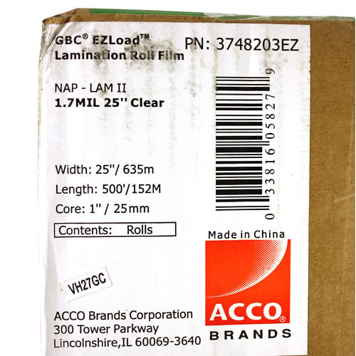 25" X 500' 1.7mil GBC Pinnacle Ezload Nap-Lam II Laminating Film (Gloss, 1" Core) - 2 Rolls - 3748203EZ