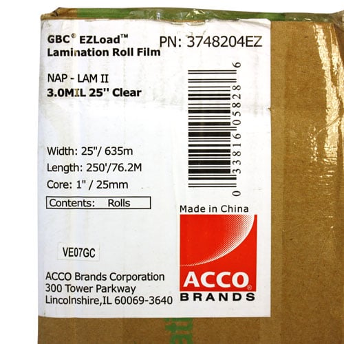 25" X 250' 3mil GBC Pinnacle Ezload Nap-Lam II Laminating Film (Gloss, 1" Core) - 2 Rolls - 3748204EZ