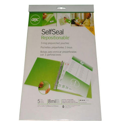 GBC SelfSeal Repositionable 3-ring Prepunched Pouches - 5pk
