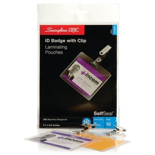 GBC Swingline SelfSeal Prepunched ID Badge Size Cold Pouches w/ Clips - 10pk