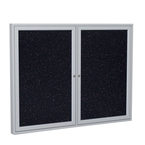 Ghent 2-Door Enclosed Confetti Recycled Rubber Bulletin Boards w/ Satin Aluminum Frame